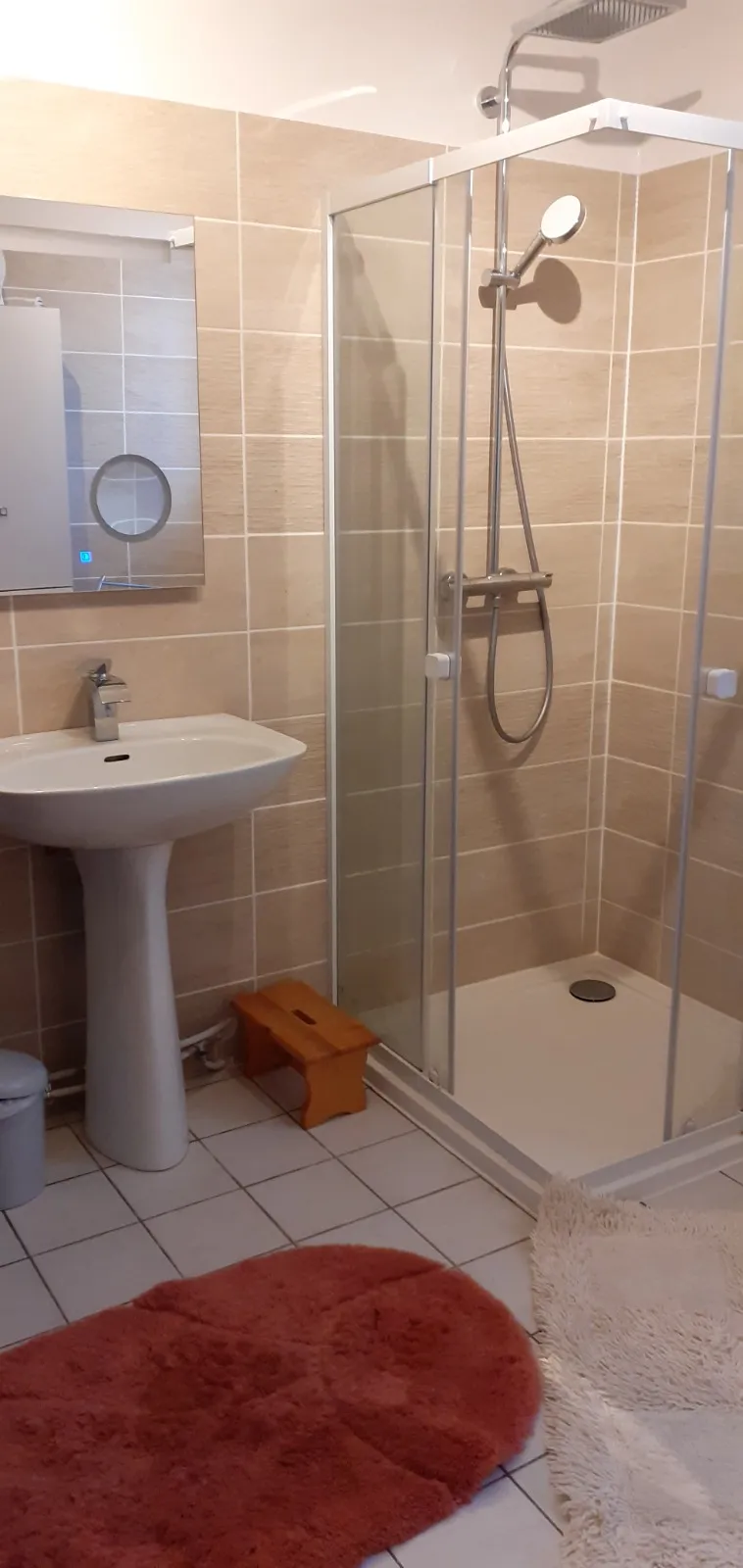 La salle de bain du gîte, avec sa douche vitrée et son lavabo